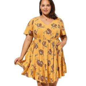 Torrid Challis Lace Back Flutter Sleeve Mini Dress Yellow Size 2X